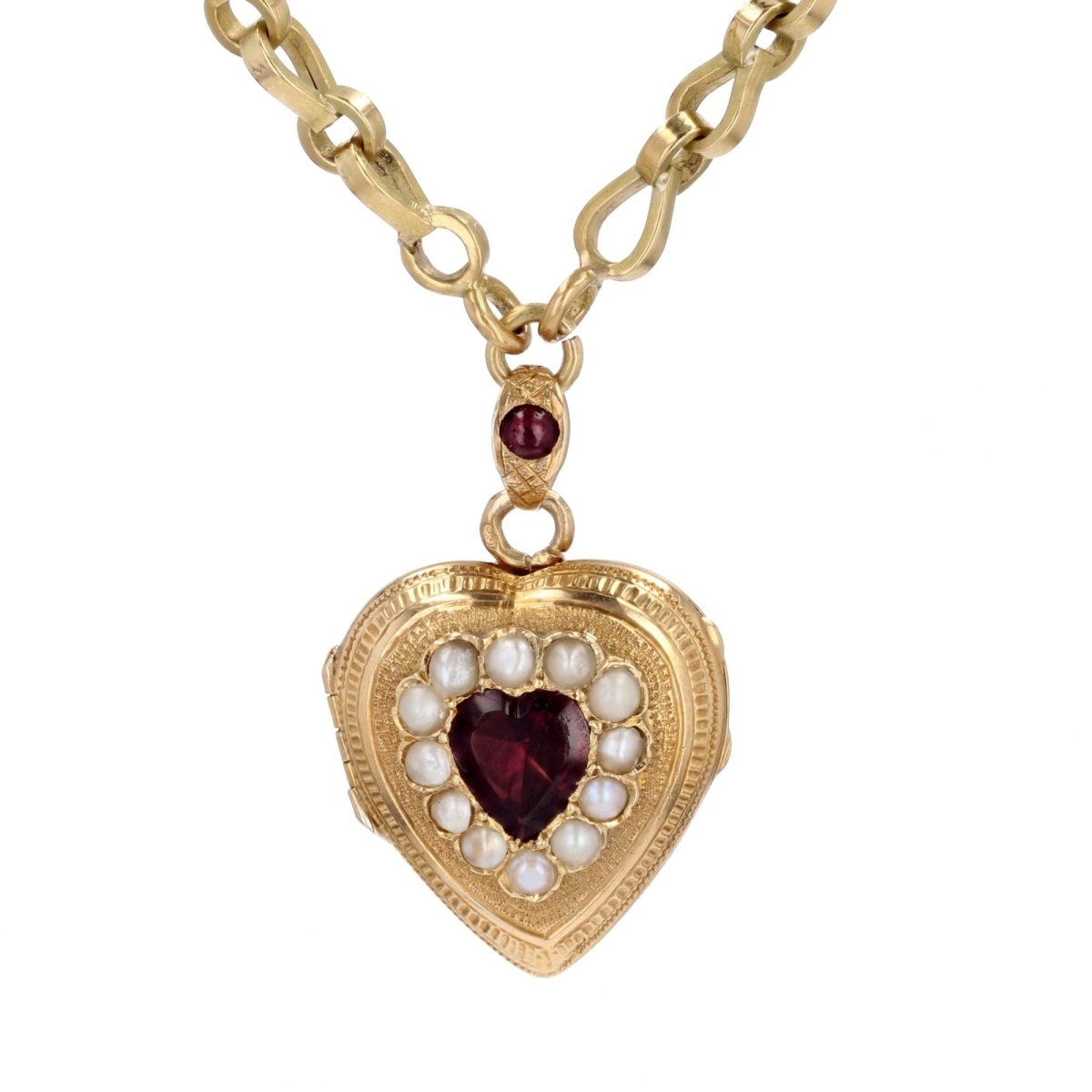 Chaine ancienne et son médaillon en forme de cur grenats et perles fines - Castafiore