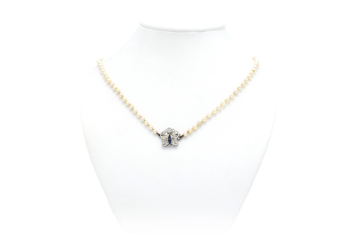 Collier Art Nouveau en or blanc, saphir et diamants - Castafiore