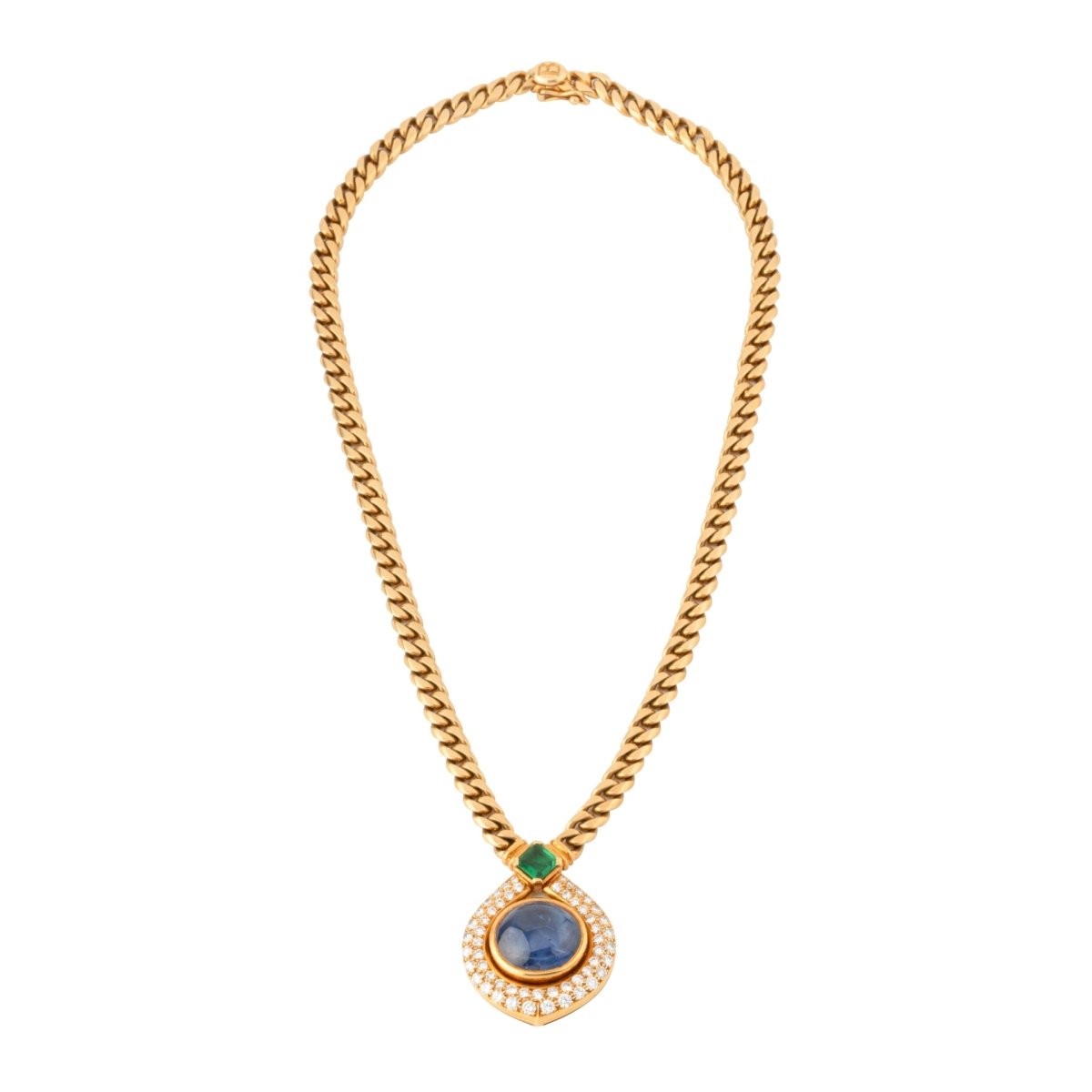 Collier BULGARI en or jaune, saphir, émeraude et diamants - Castafiore