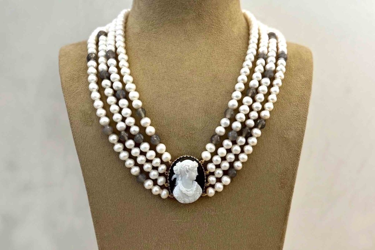 Collier camée agate et perles d'eau douce en or - Castafiore