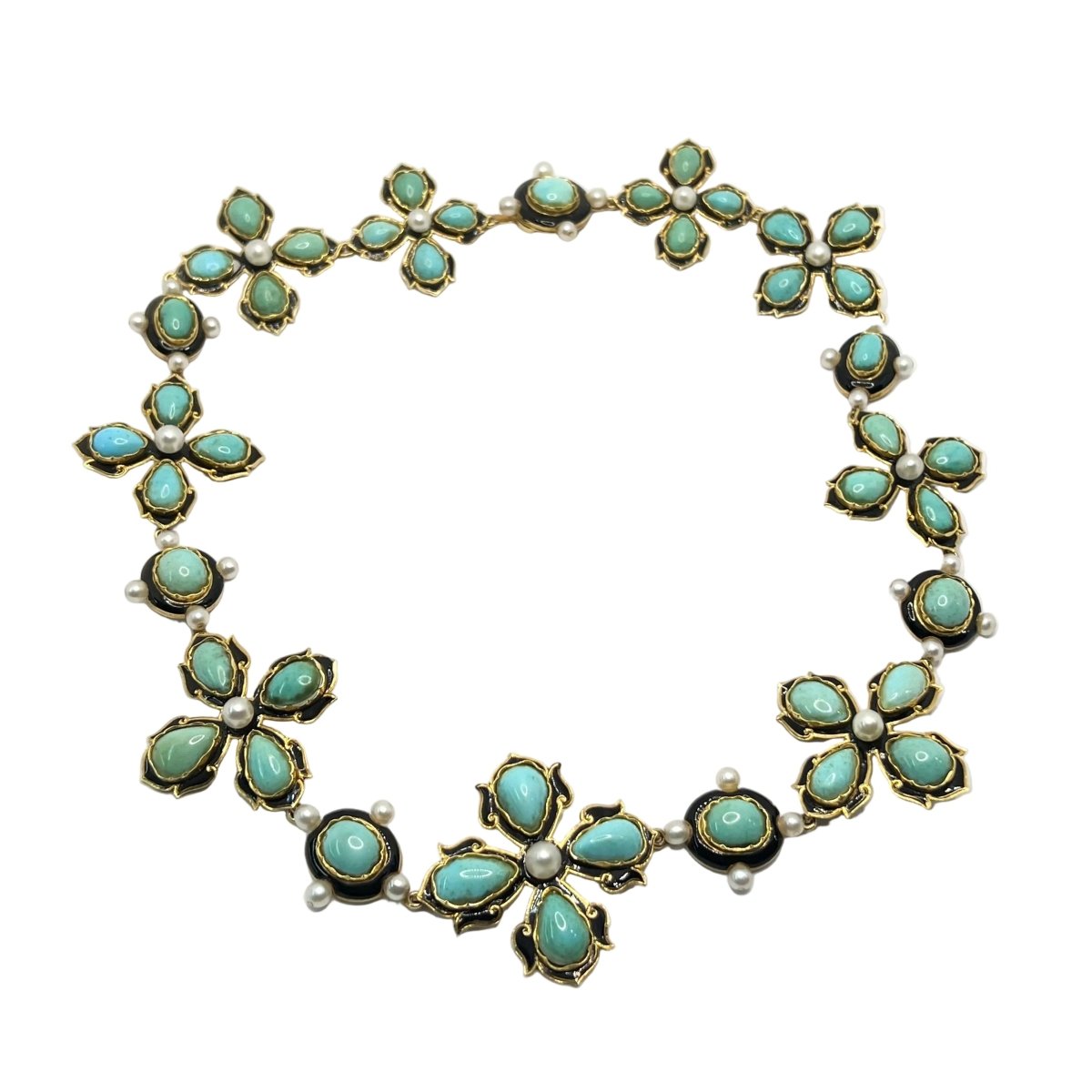 Collier Draperie en or jaune, perles et turquoises - Castafiore
