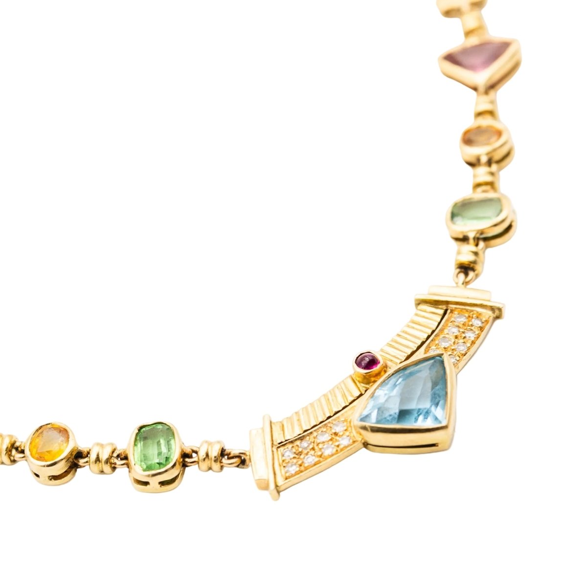 Collier en or jaune, citrines, grenats, péridots, topaze bleue, tourmalines roses, rubis et diamants - Castafiore