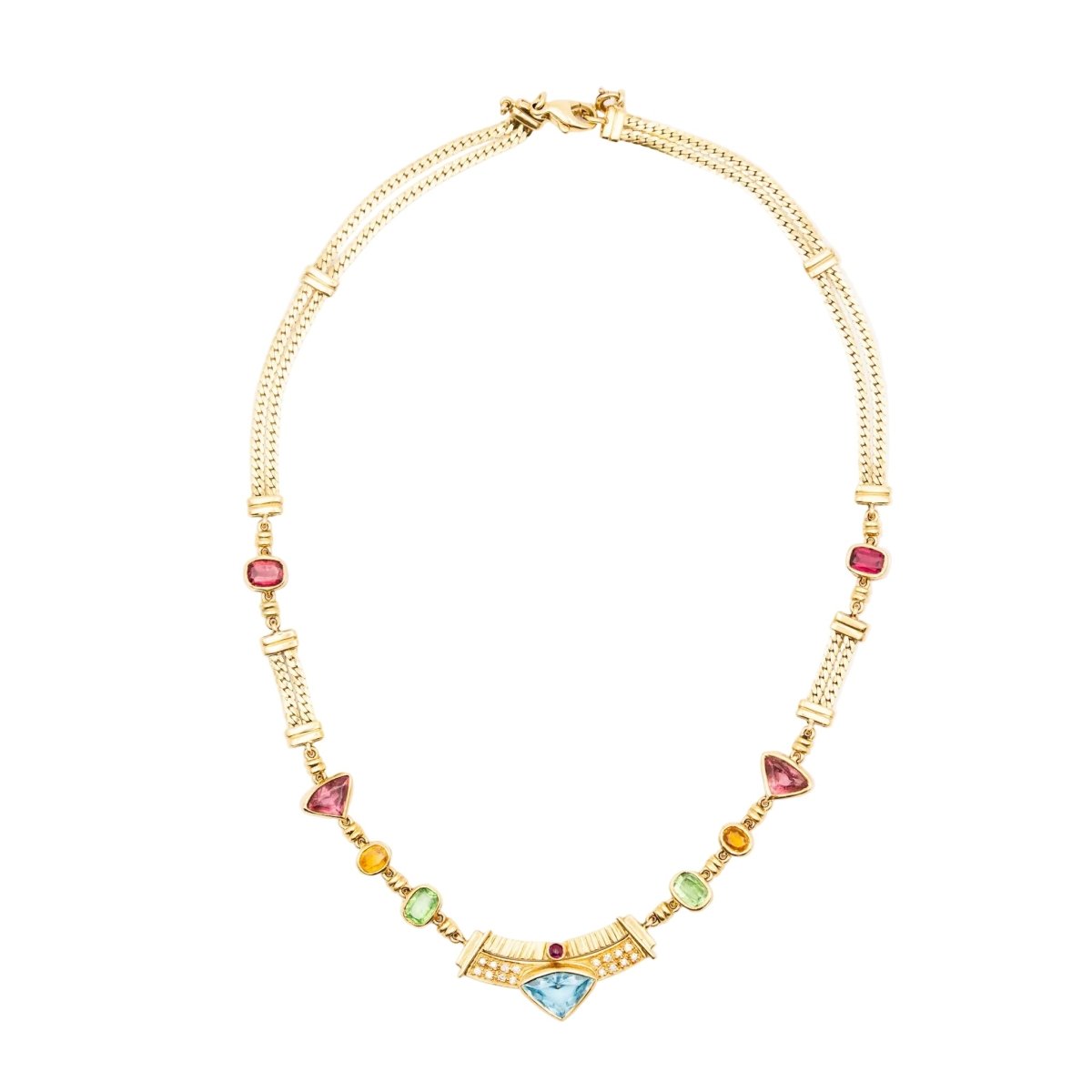 Collier en or jaune, citrines, grenats, péridots, topaze bleue, tourmalines roses, rubis et diamants - Castafiore