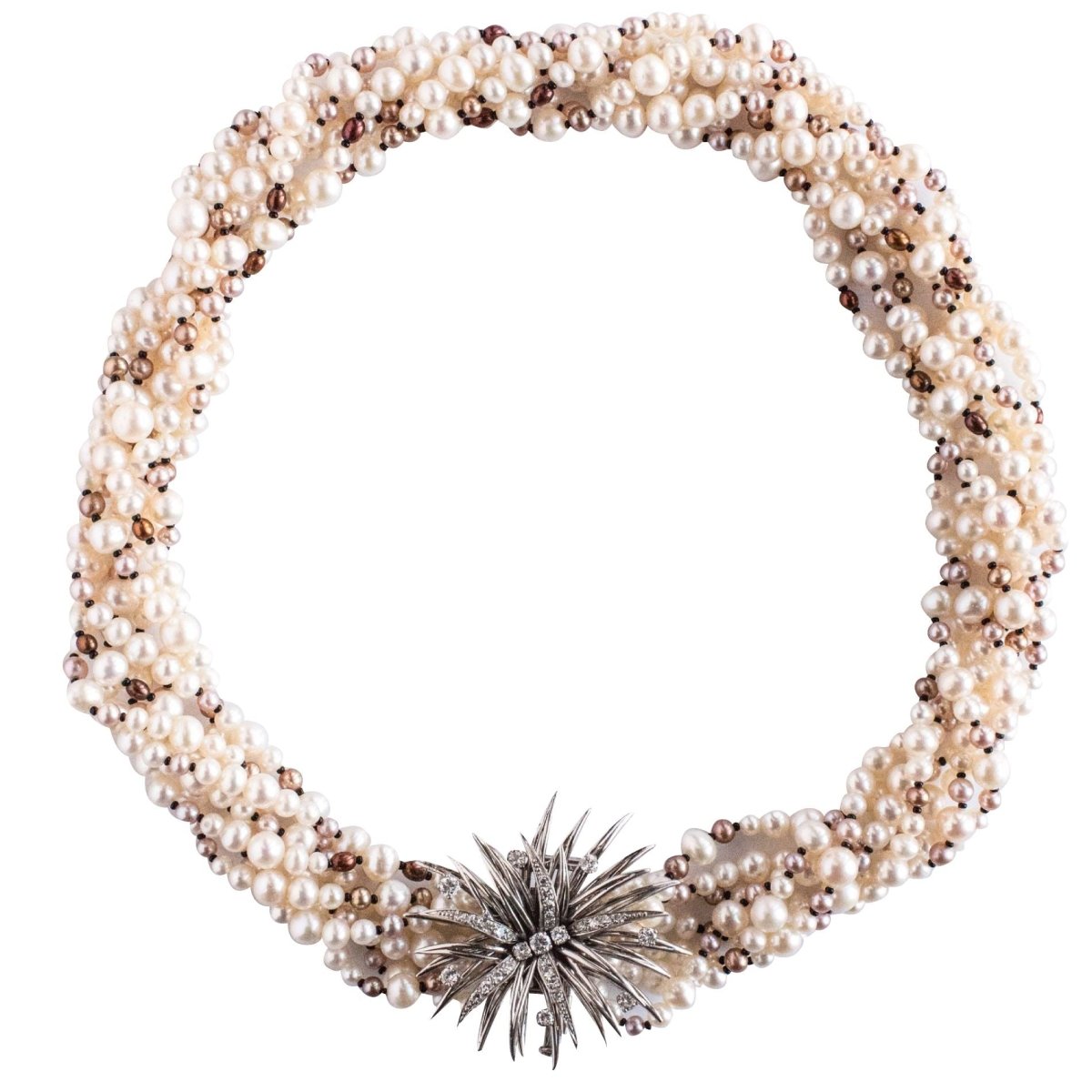 Collier en perles fermoir broche diamants - Castafiore