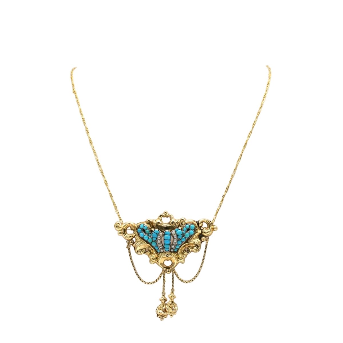 Collier Napoléon III en or jaune, perles et turquoises - Castafiore