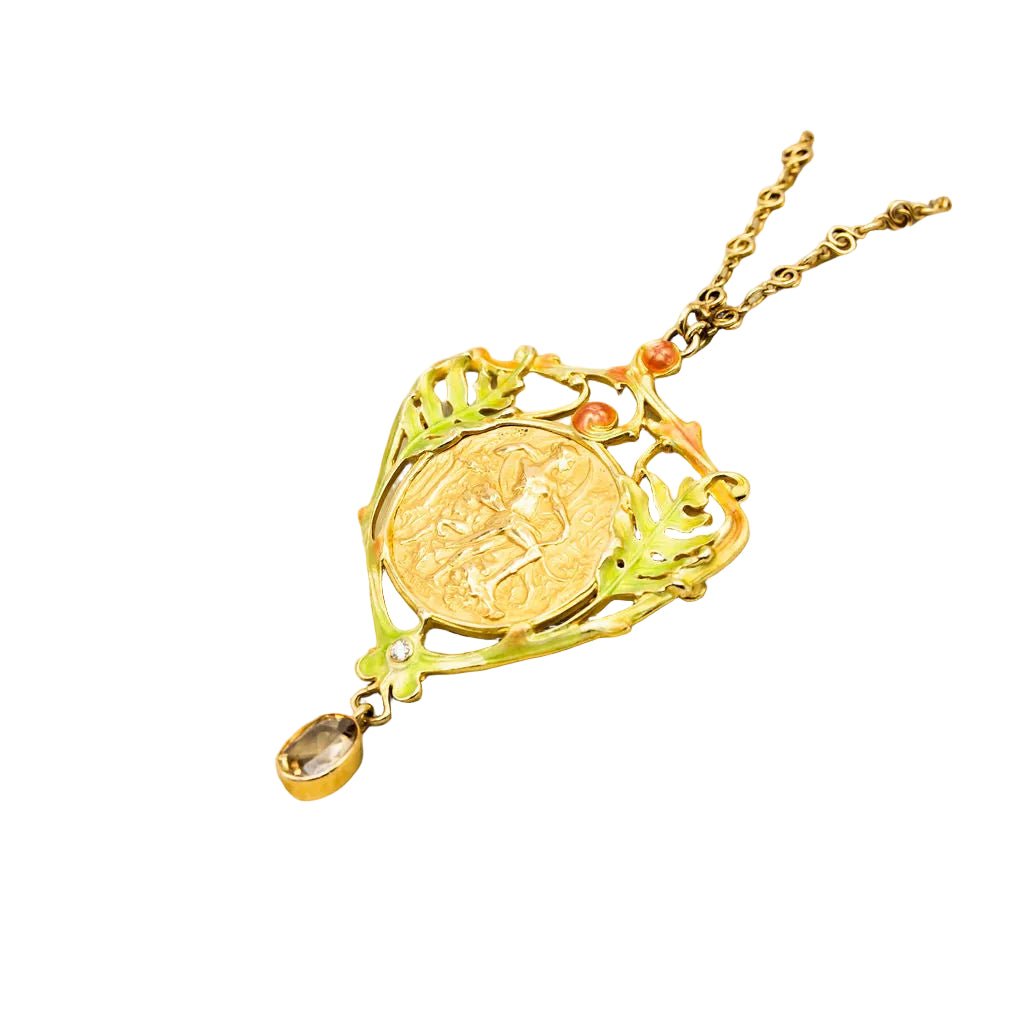 Collier Pendentif Art Nouveau HENRI VEVER en or jaune, émail et béryl - Castafiore
