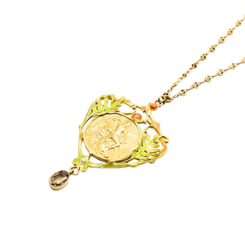 Collier Pendentif Art Nouveau HENRI VEVER en or jaune, émail et béryl - Castafiore