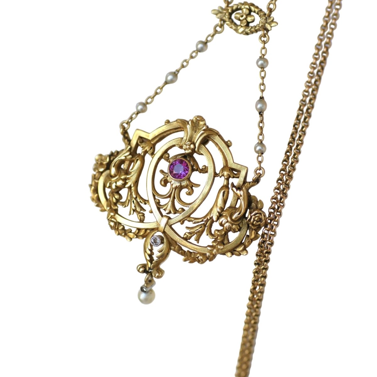 Collier Pendentif en or jaune, rubis, perles et diamants - Castafiore