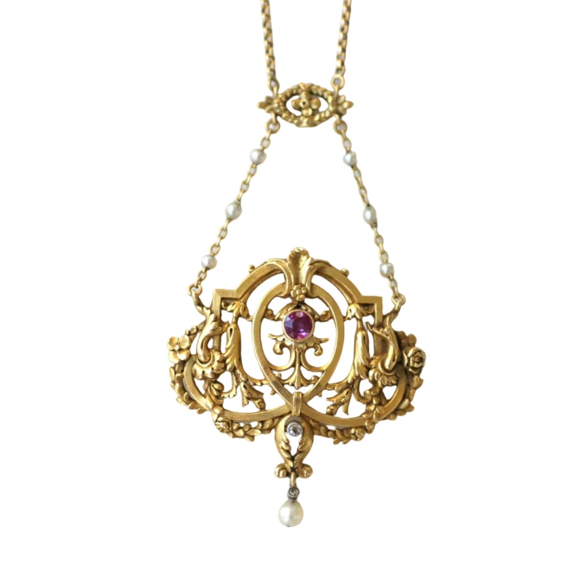 Collier Pendentif en or jaune, rubis, perles et diamants - Castafiore