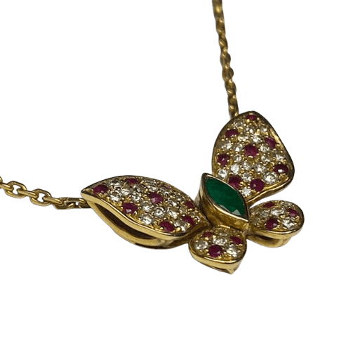 Collier Pendentif FRED "Papillon articulé" en or jaune, rubis, émeraude et diamants - Castafiore