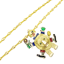 Collier Pendentif HENRI HECHT MAÏK "Le clown et le lion" en or jaune, émail, rubis et émeraudes - Castafiore
