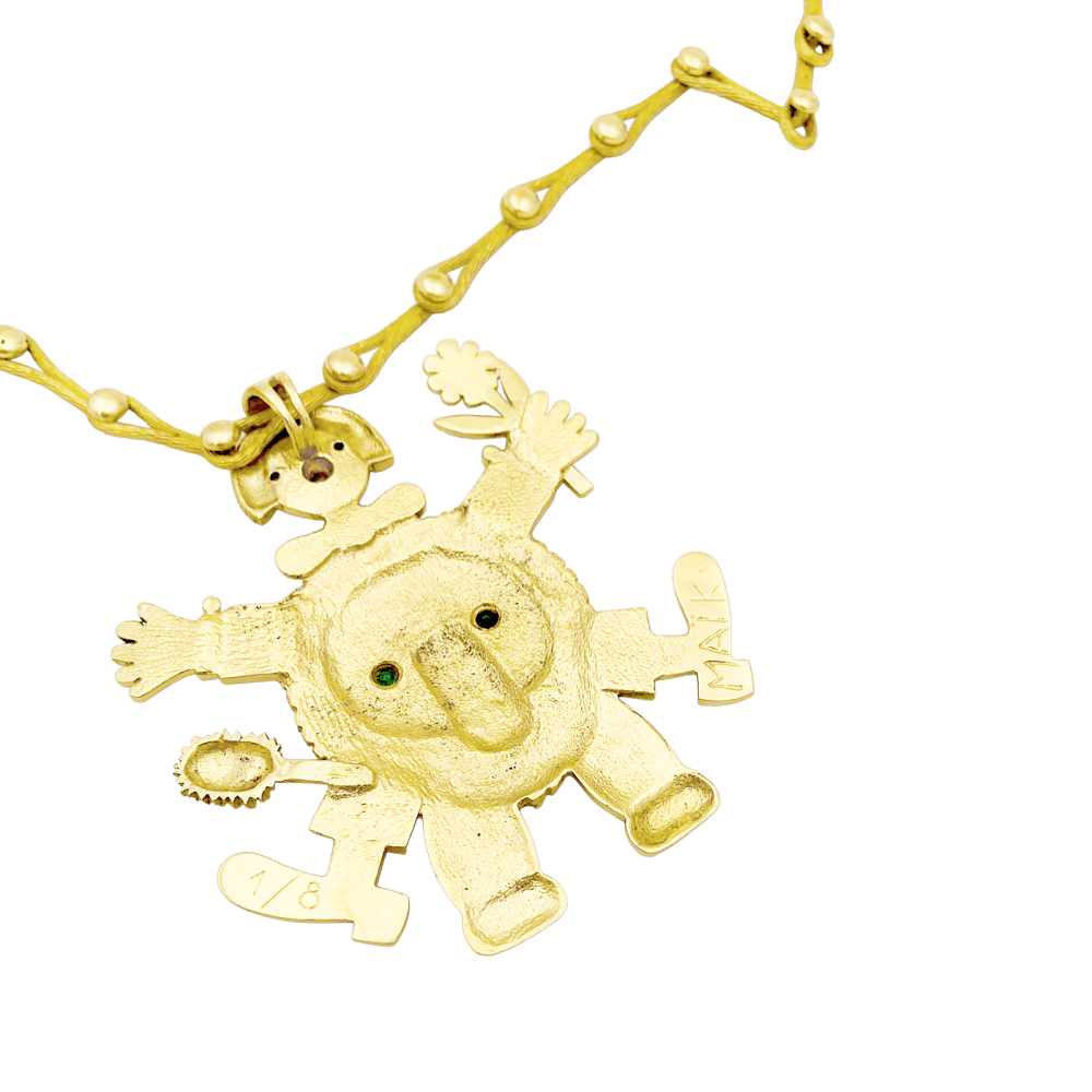 Collier Pendentif HENRI HECHT MAÏK "Le clown et le lion" en or jaune, émail, rubis et émeraudes - Castafiore