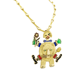 Collier Pendentif HENRI HECHT MAÏK "Le clown et le lion" en or jaune, émail, rubis et émeraudes - Castafiore
