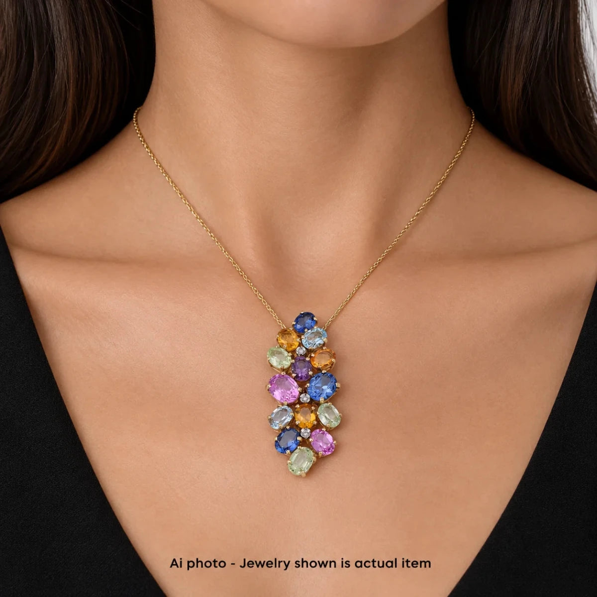 Collier Pendentif TREA en or jaune, aigue-marine, topaze, quartz citrine, tourmaline, aventurine et diamants - Castafiore