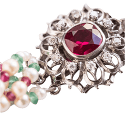Collier Ras de Cou en or blanc, perles, rubis, saphirs, spinelles et diamants - Castafiore