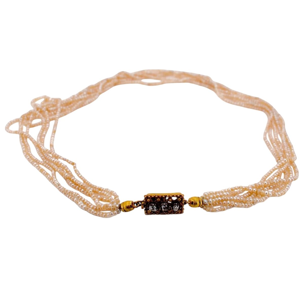 Collier Ras de Cou en or jaune, perles et diamants - Castafiore
