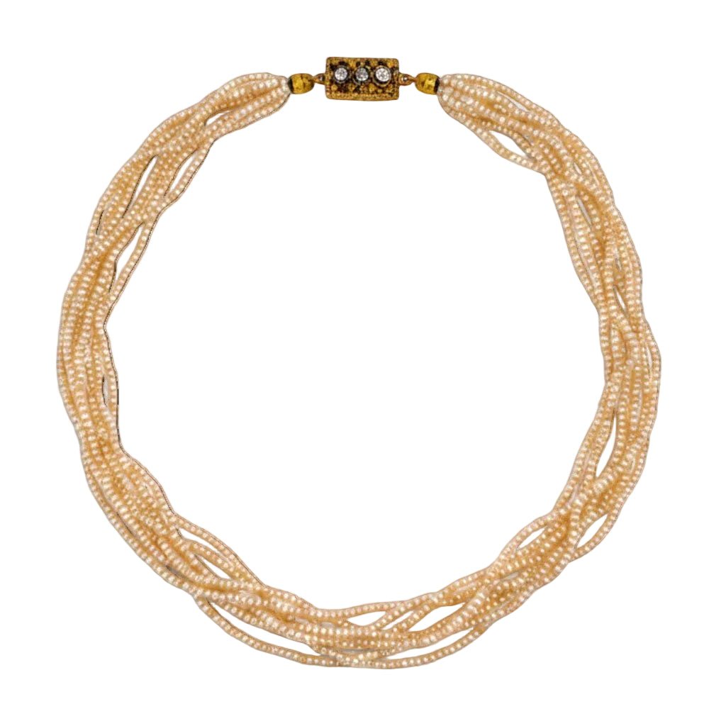 Collier Ras de Cou en or jaune, perles et diamants - Castafiore