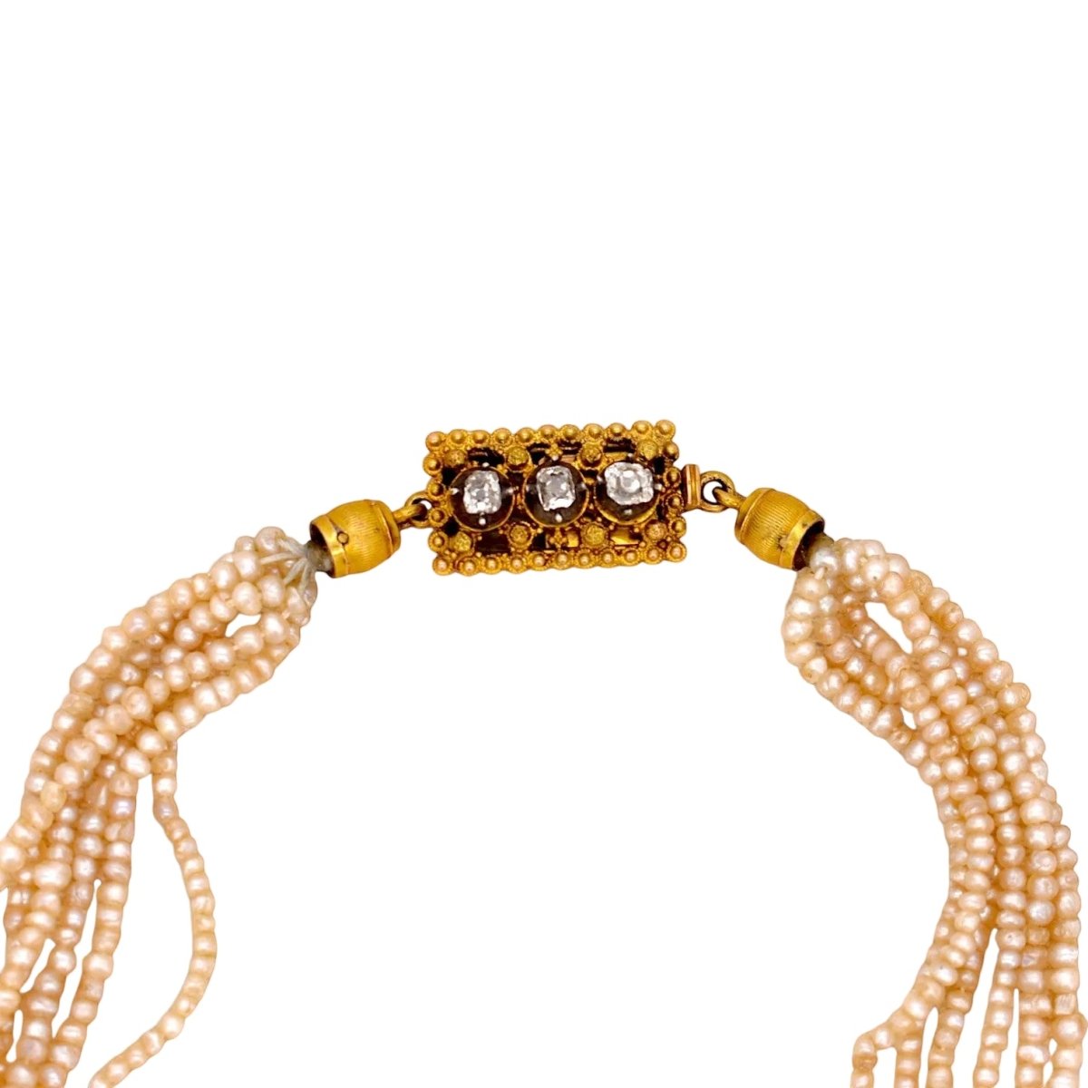 Collier Ras de Cou en or jaune, perles et diamants - Castafiore
