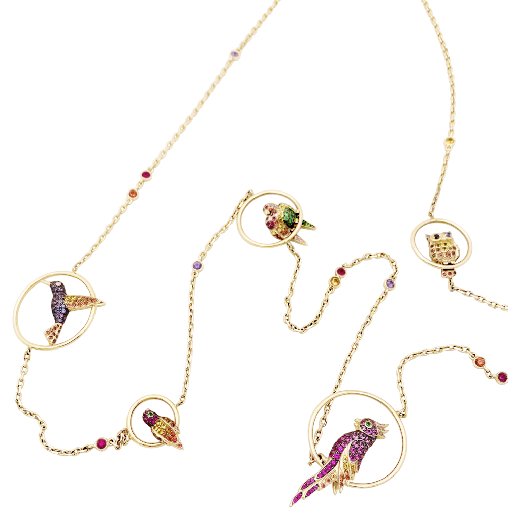Collier Sautoir BOUCHERON "Nuri" en or rose, saphirs, tsavorites et diamants - Castafiore