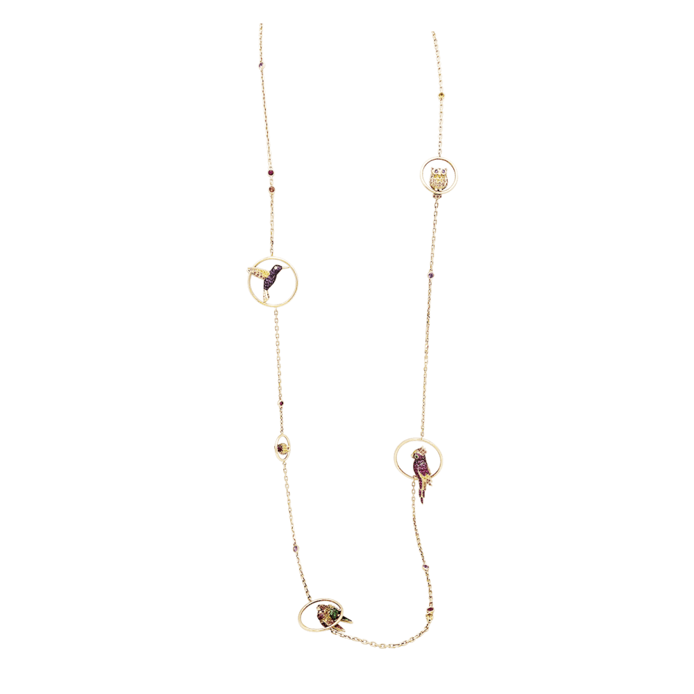 Collier Sautoir BOUCHERON "Nuri" en or rose, saphirs, tsavorites et diamants - Castafiore