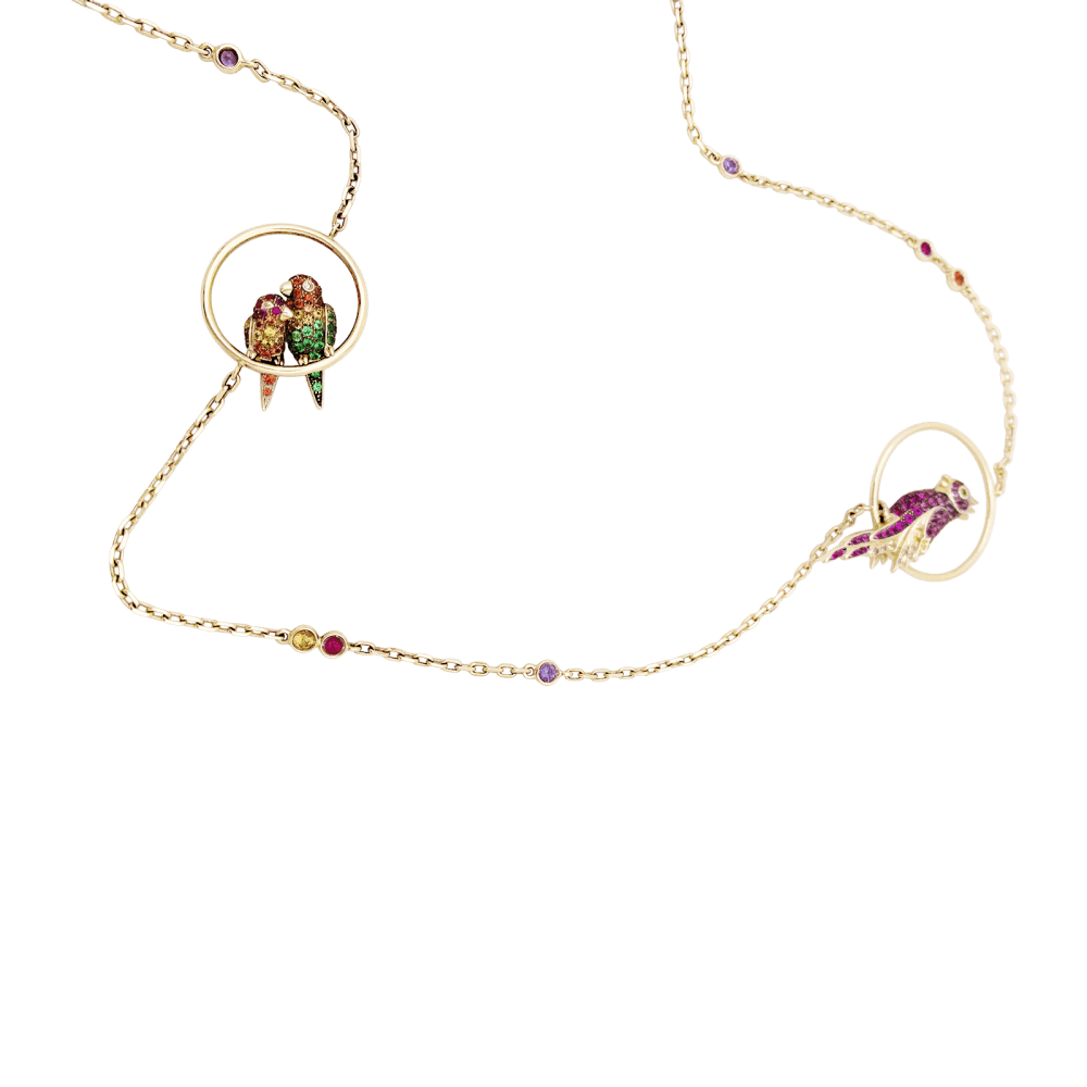 Collier Sautoir BOUCHERON "Nuri" en or rose, saphirs, tsavorites et diamants - Castafiore