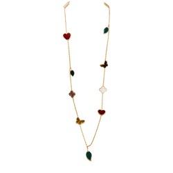 Collier - Sautoir VAN CLEEF & ARPELS "Lucky Alhambra", or jaune, cornaline, malachite, oeil de tigre, nacre - Castafiore