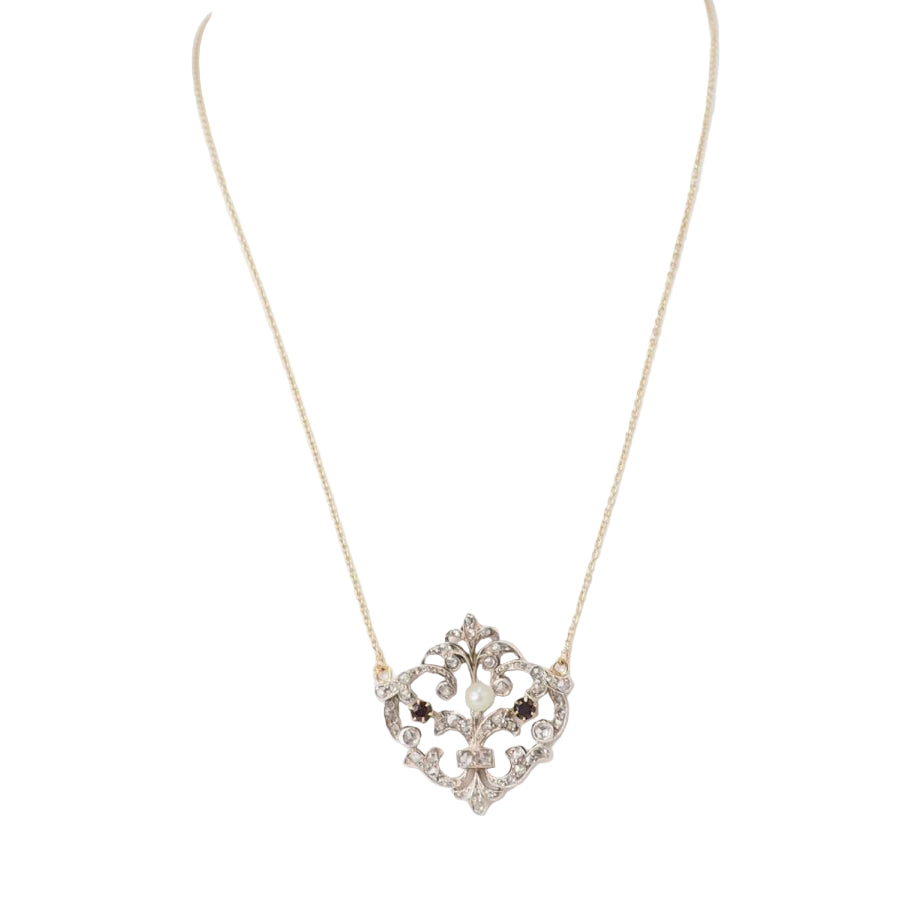 Collier volutes en or jaune et argent, grenat diamants et perle - Castafiore