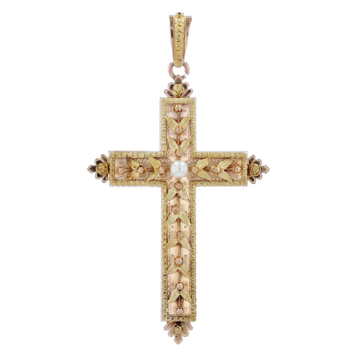 Croix ancienne perle ors vert et rose - Castafiore