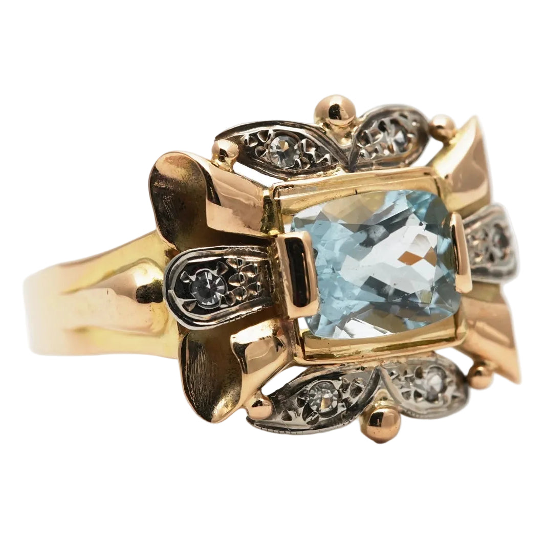 Bague Tank en or jaune, aigue-marine et diamants