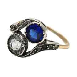 Bague Toi & Moi en or jaune, argent, saphir et strass