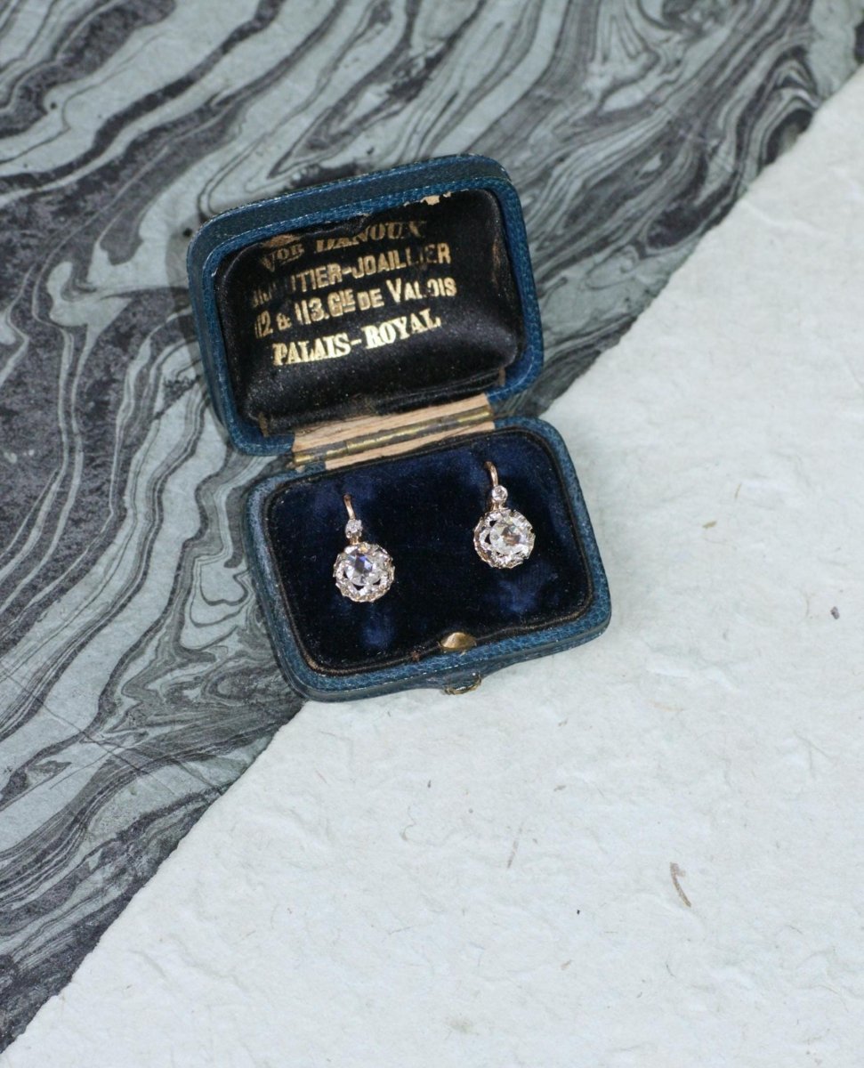 Dormeuses Anciennes Diamants Rose Couronnée sur Or Rose - Castafiore