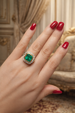 Bague Entourage en or jaune, émeraude et diamants