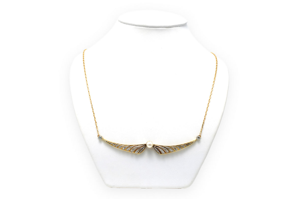 Collier Pendentif en or jaune, perle et diamants