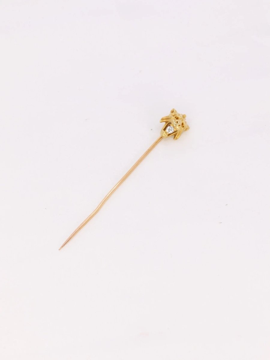 Épingle à cravate tête de félin or jaune diamant taille ancienne - Castafiore