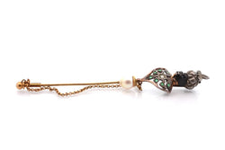 Épingle ancienne en or jaune et argent avec perle fine, diamant et émeraudes - Castafiore