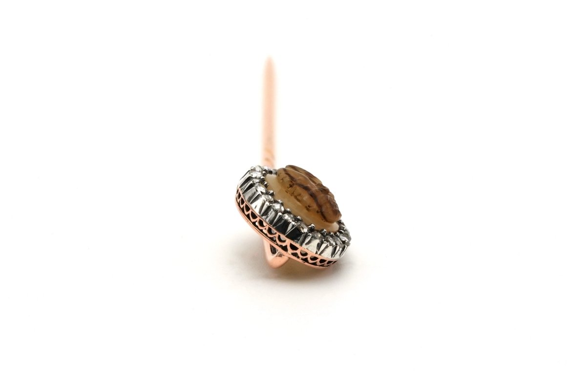 Epingle en or jaune, argent, agate et diamants - Castafiore