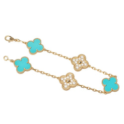 EXTRA RARE Bracelet Van Cleef & Arpels Vintage Alhambra 5 motifs turquoise et diamants - Castafiore