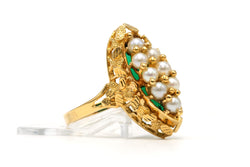 Bague Marquise en or jaune, chrysoprases et perles