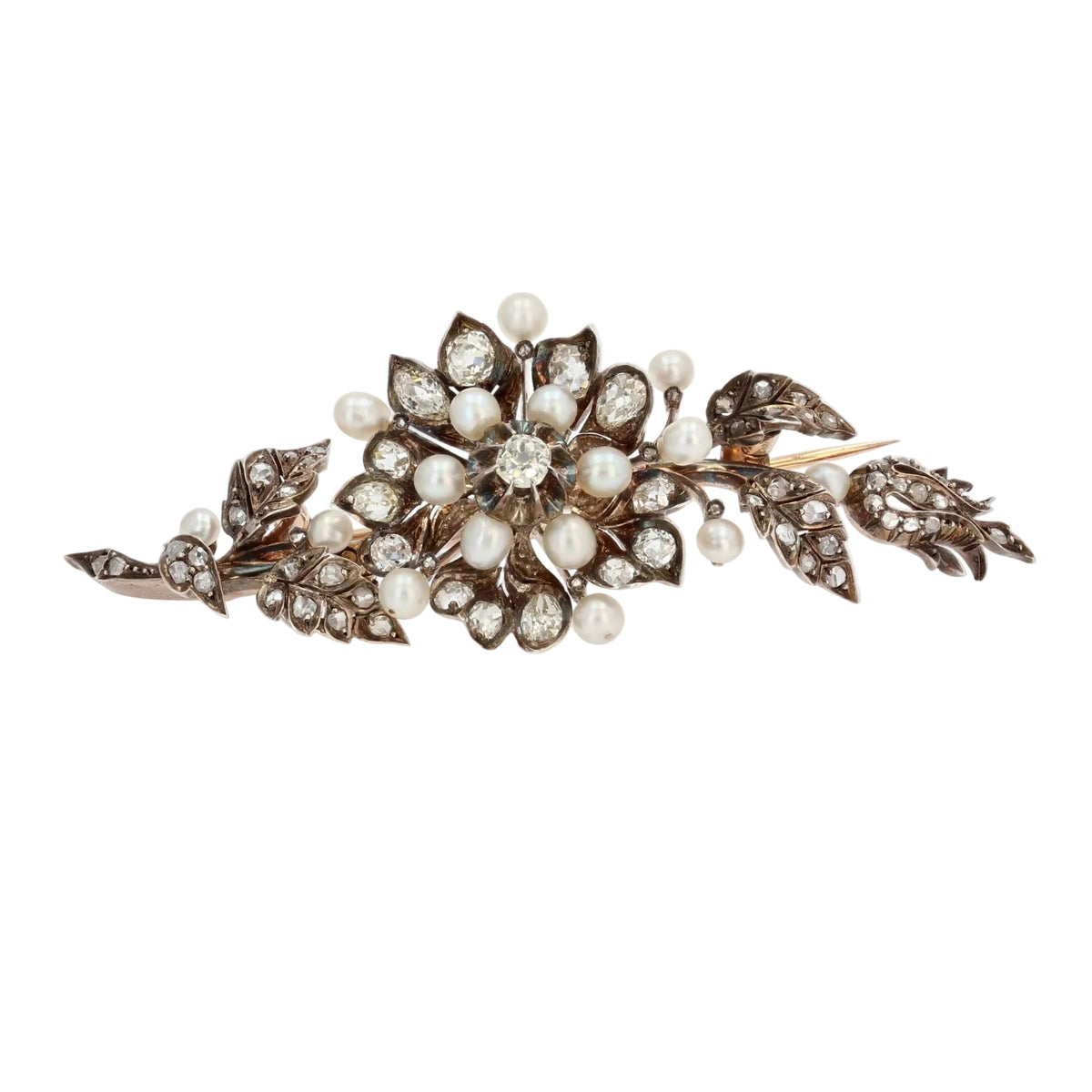 Broche Épingle en or rose, argent, perles et diamants