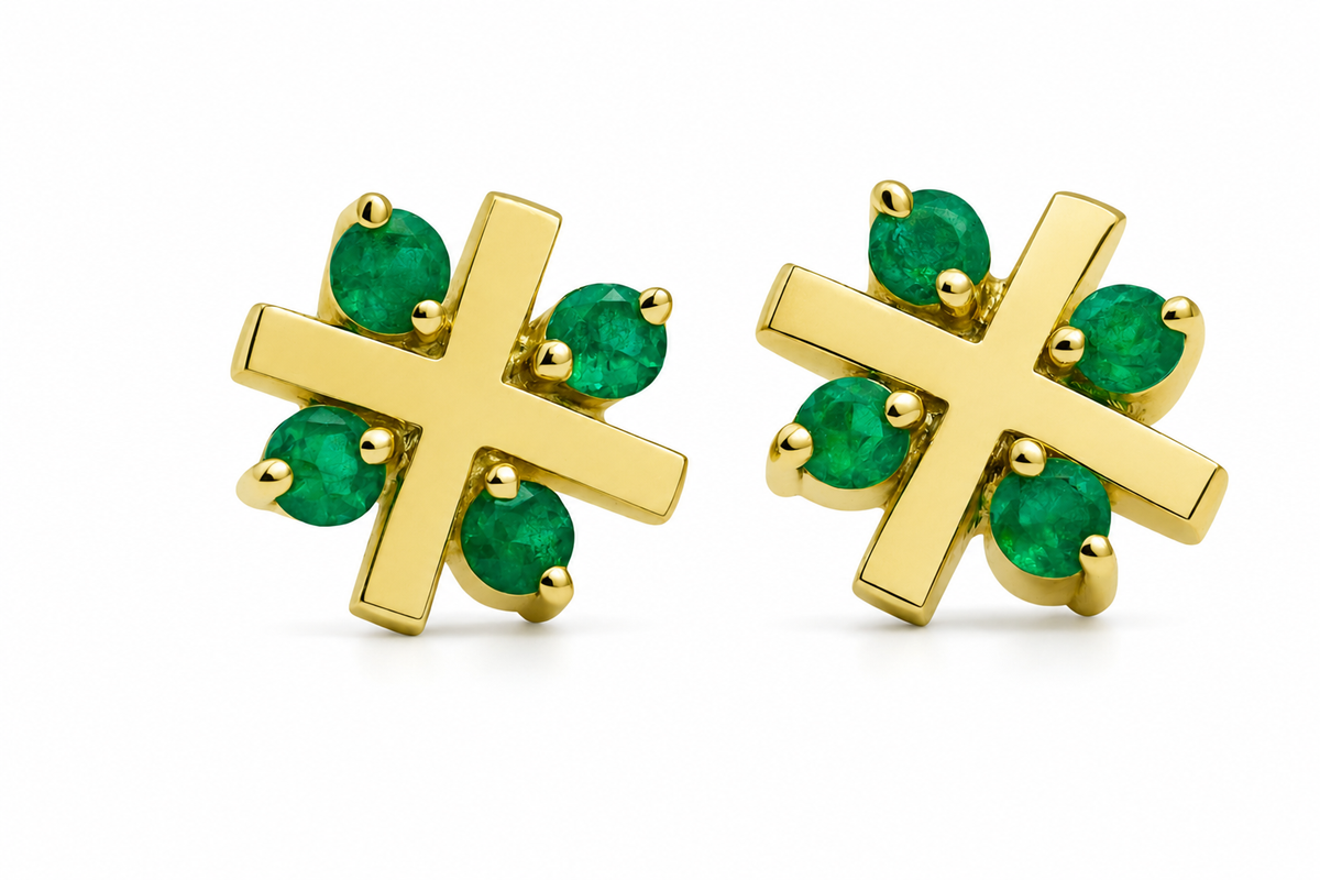Boucles d'oreilles Puces en or jaune et émeraudes