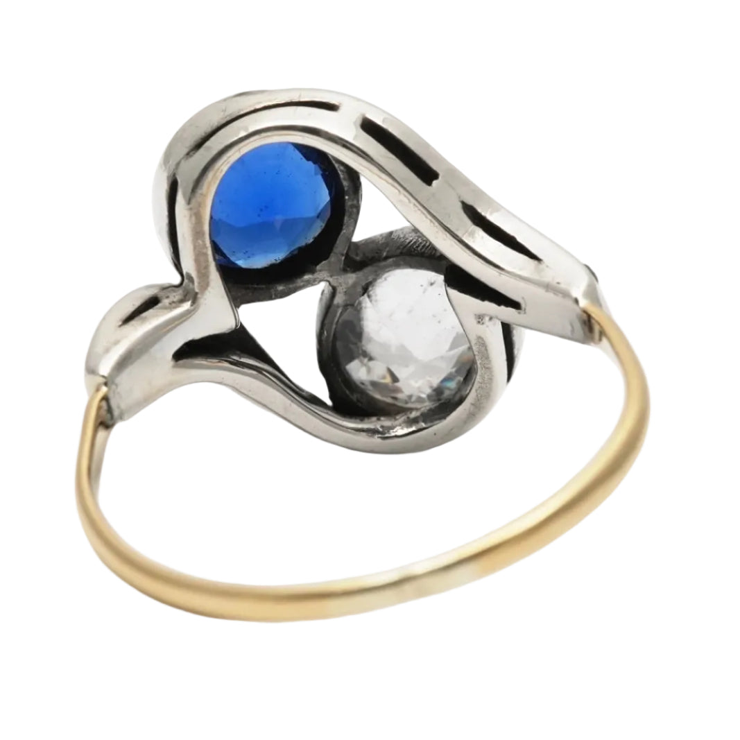 Bague Toi & Moi en or jaune, argent, saphir et strass