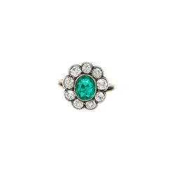 Fin du 19e siècle Bague à grappe en or/argent avec émeraude et diamant de 2,00 carats - Castafiore