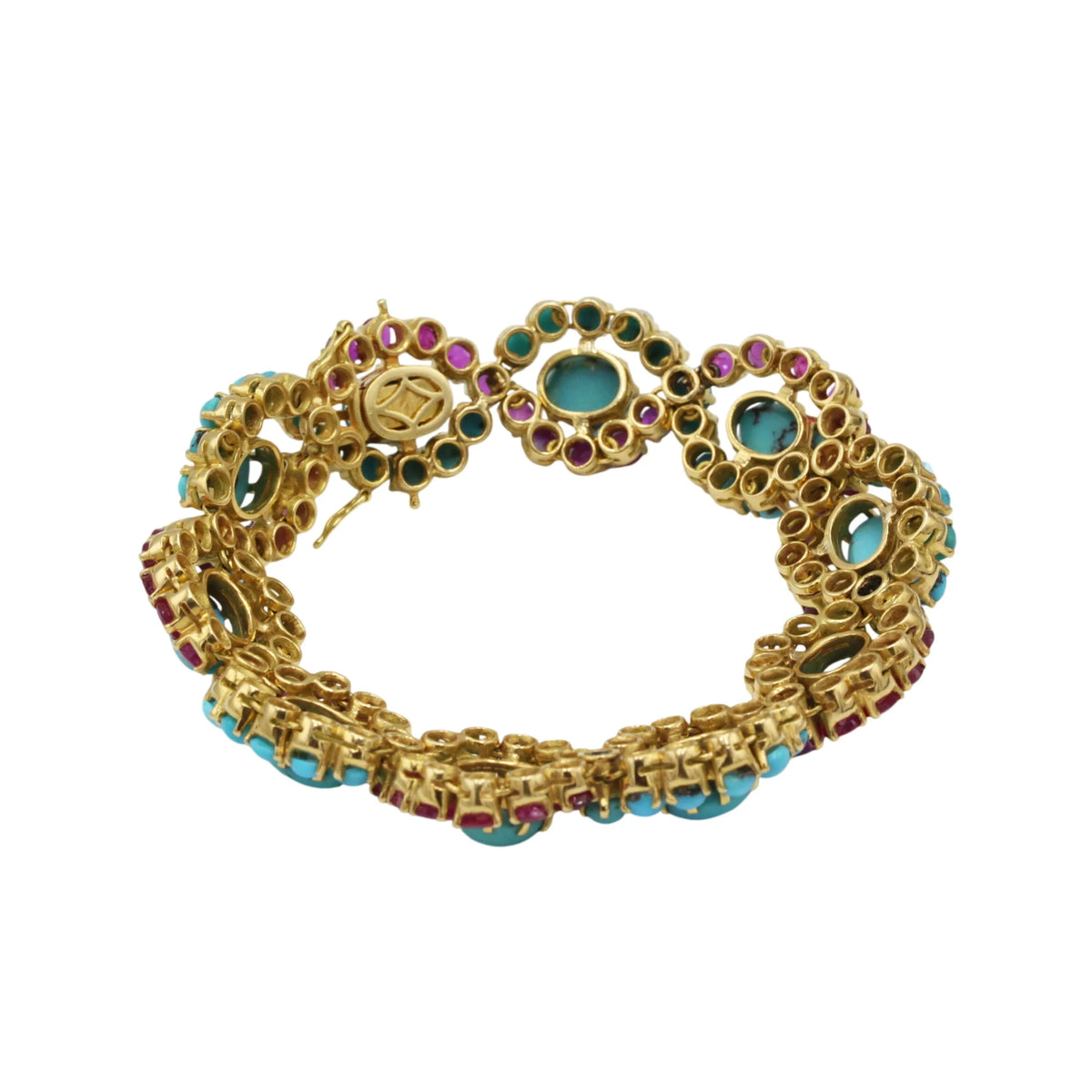 Bracelet en or jaune, rubis et turquoises