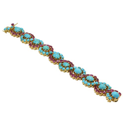 Bracelet en or jaune, rubis et turquoises