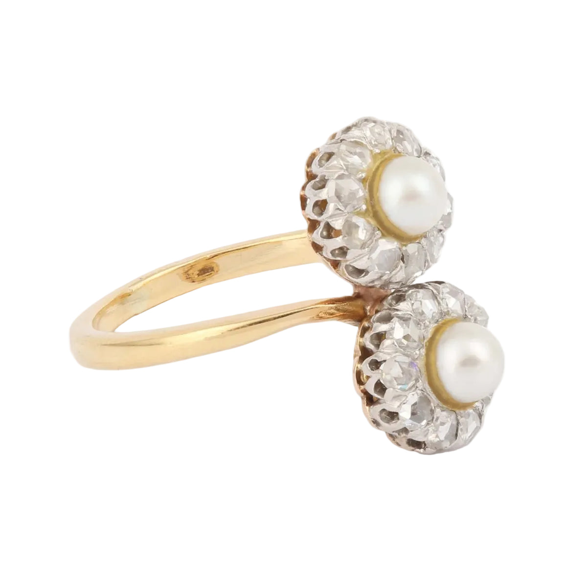Bague Toi & Moi en or jaune, platine, perles et diamants