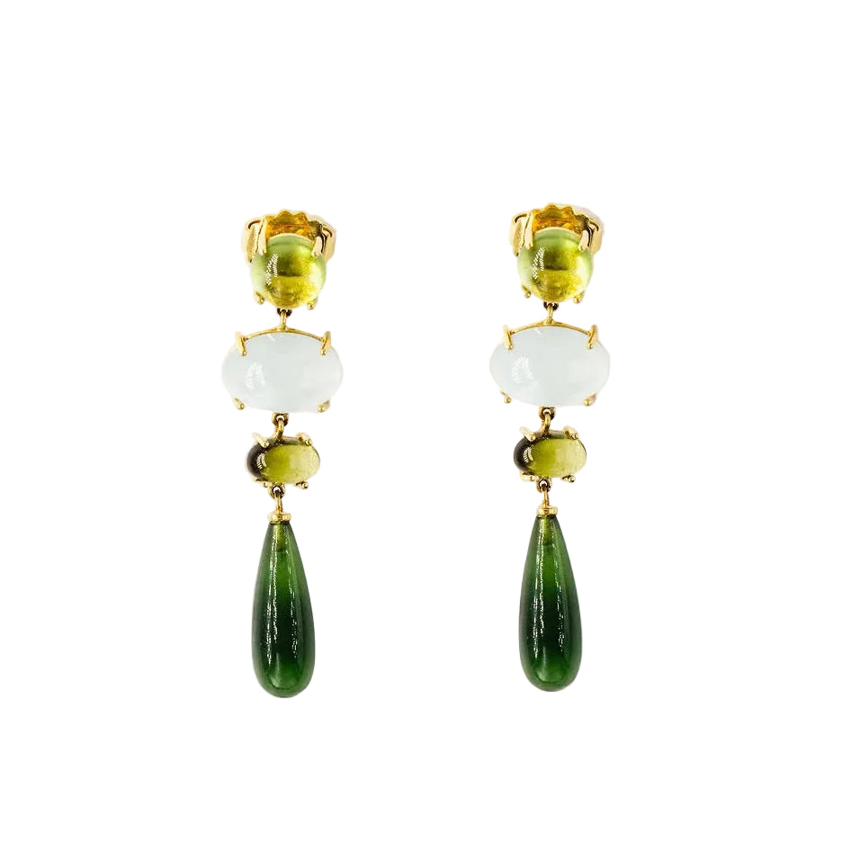 Boucles d'oreilles Pendantes OLE LYNGGAARD Aqua Lotus en or jaune aigue-marine, péridots, tourmalines et serpentines