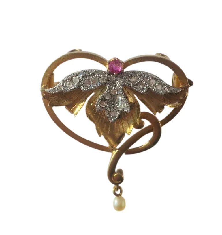 Pendentif broche Art Nouveau Rubis Diamants Perle fine Or rose 18 carats et Platine