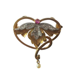 Pendentif broche Art Nouveau Rubis Diamants Perle fine Or rose 18 carats et Platine