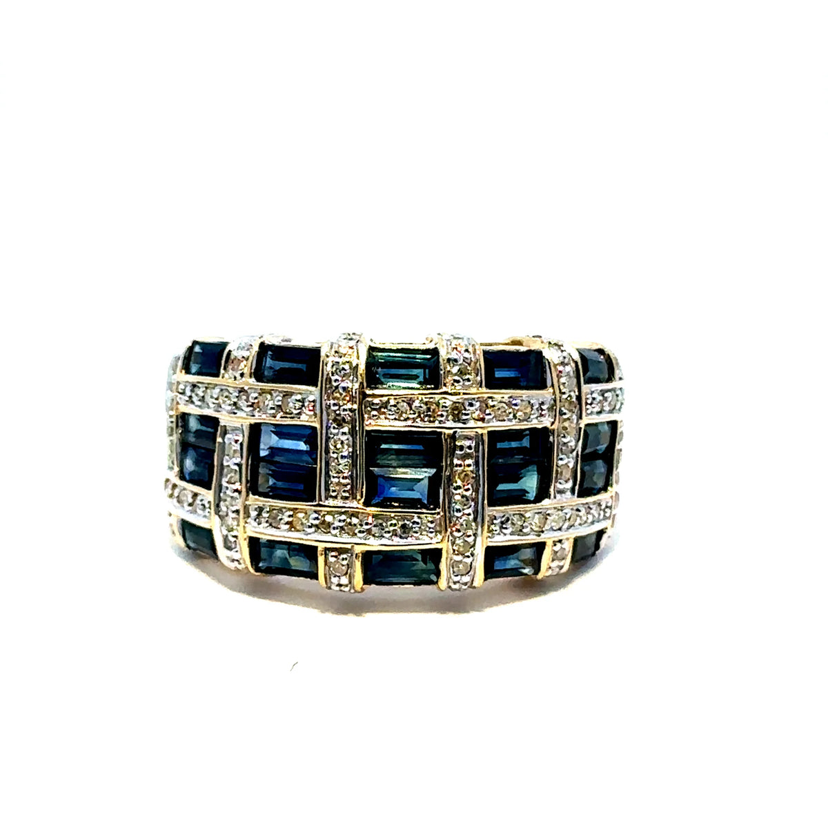 Art Deco-Style Yellow Gold Ring with Sapphires and Diamonds