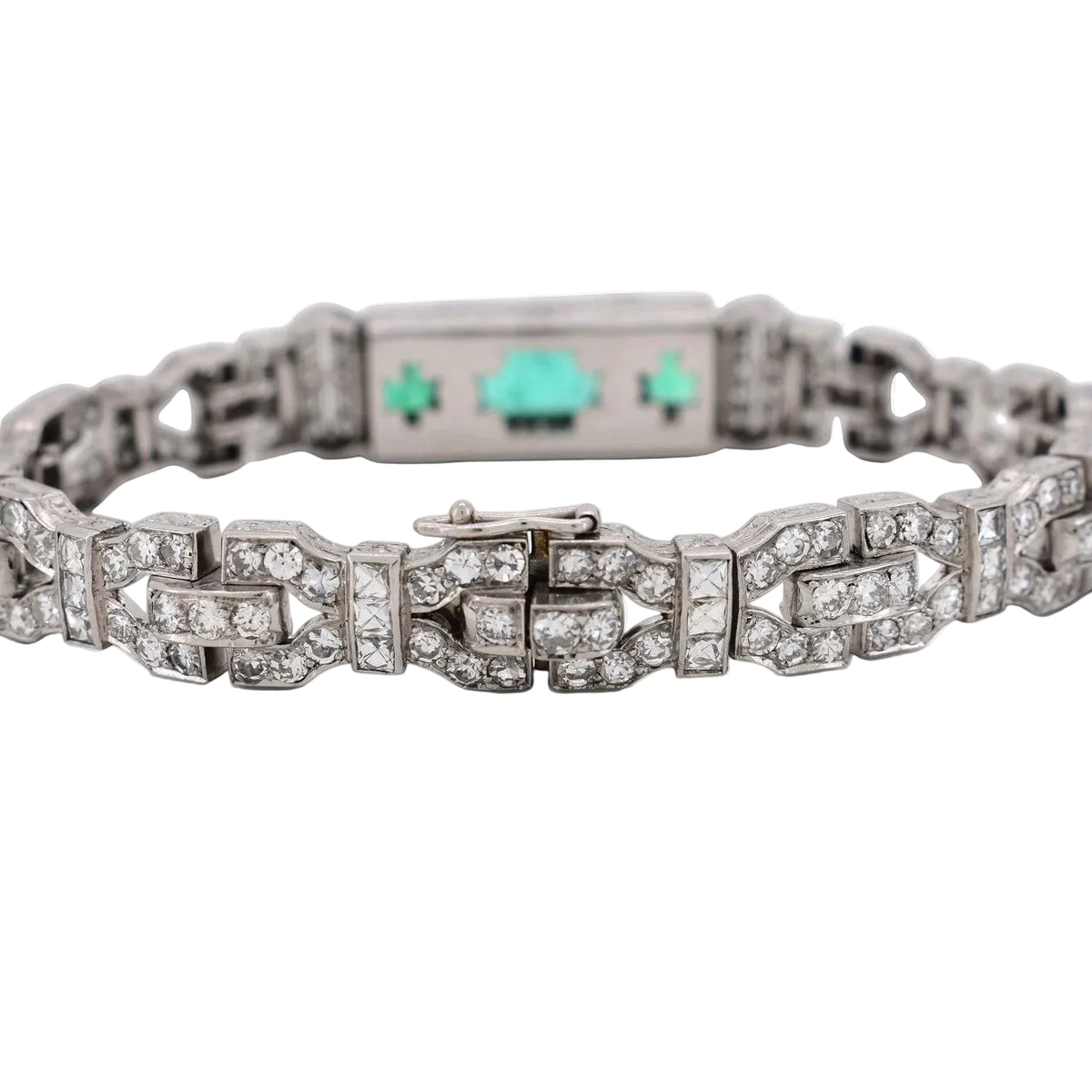 Bracelet Art Déco en platine, émeraudes et diamants